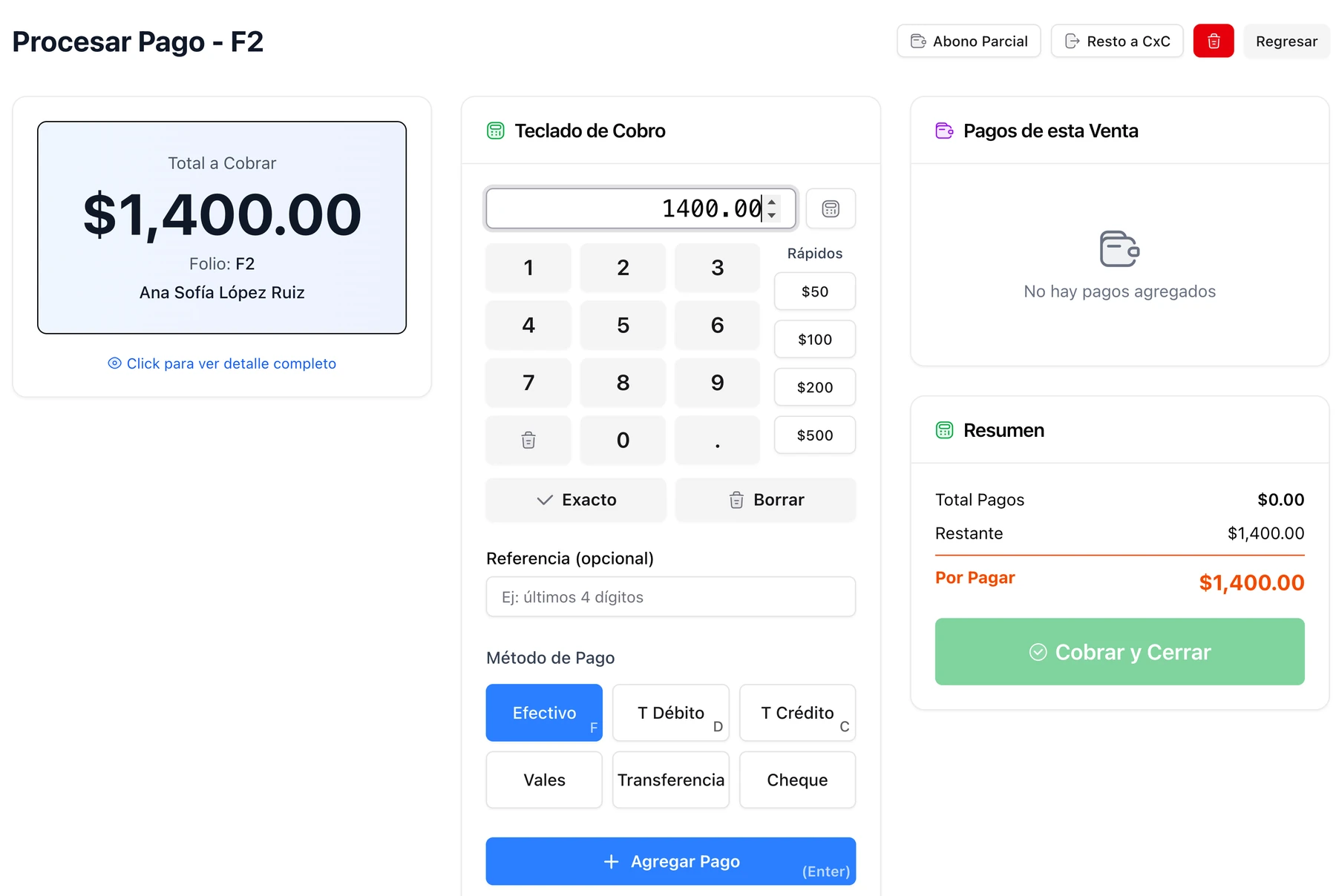 Pantalla de procesar pago con total a cobrar, teclado numérico, montos rápidos, métodos de pago y resumen