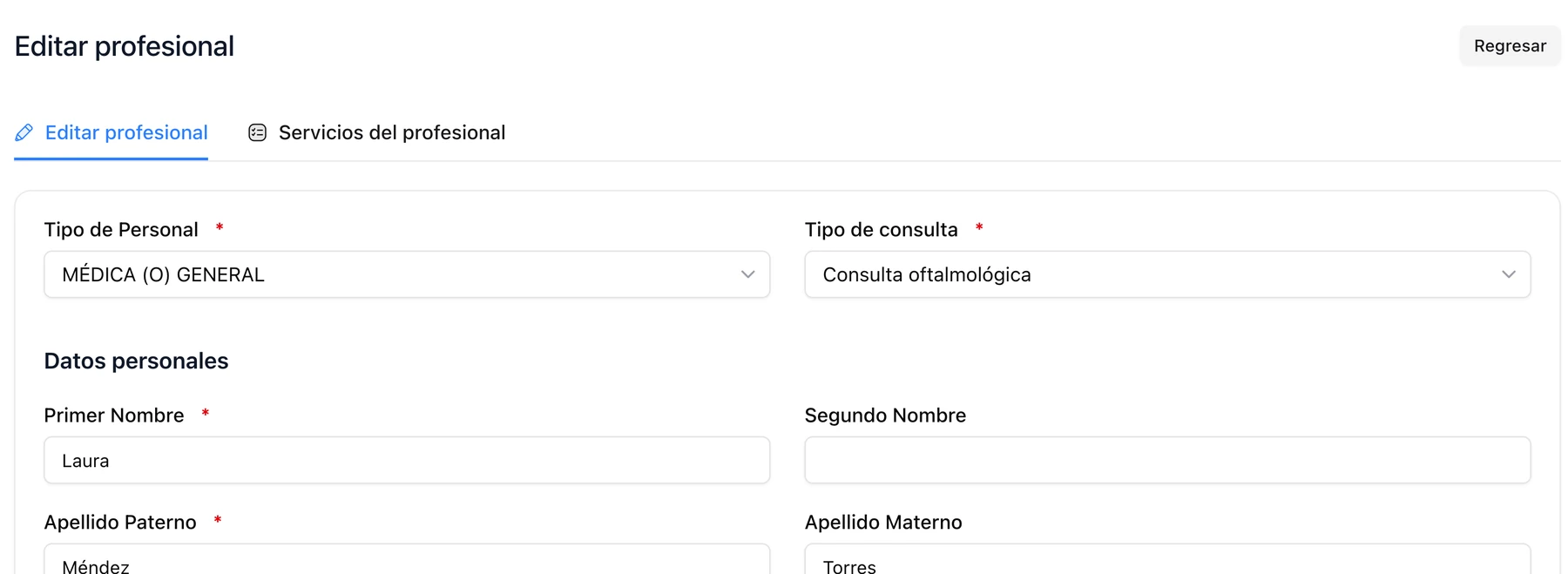 Formulario para editar profesional con tipo de personal del catálogo DGIS, tipo de consulta y datos personales