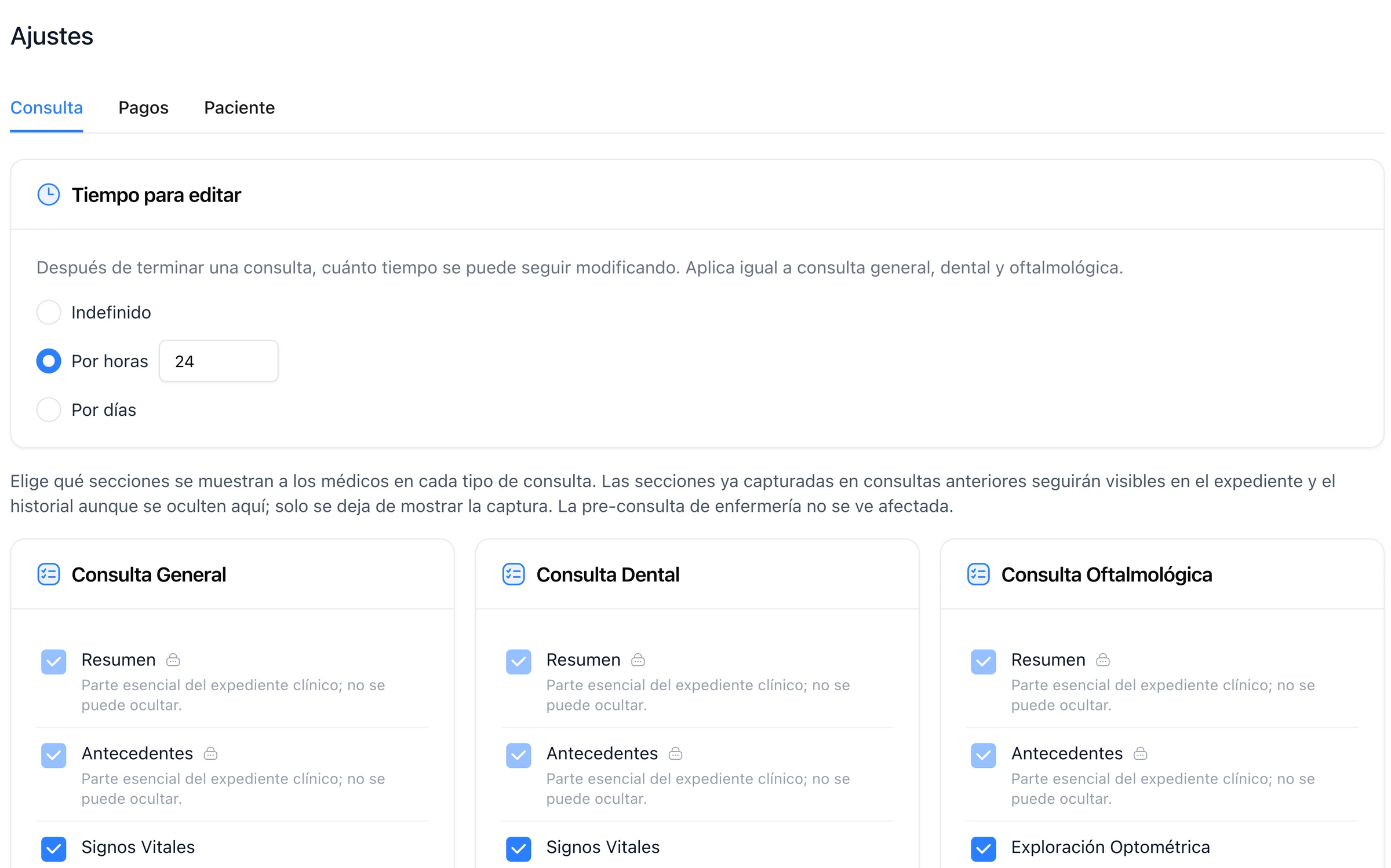Ajustes de consulta con tiempo para editar y secciones visibles en consulta general, dental y oftalmológica